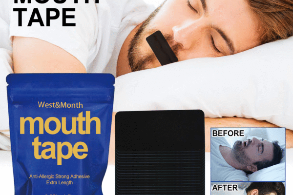 alt="Pack of hypoallergenic mouth tape strips on bedside table to reduce snoring and improve breathing during sleep"