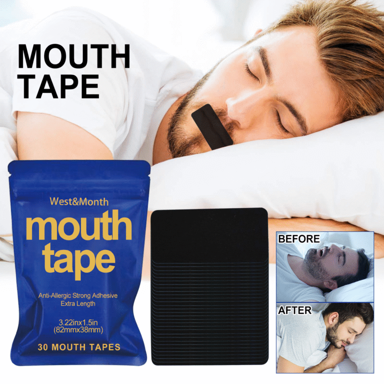 alt="Pack of hypoallergenic mouth tape strips on bedside table to reduce snoring and improve breathing during sleep"