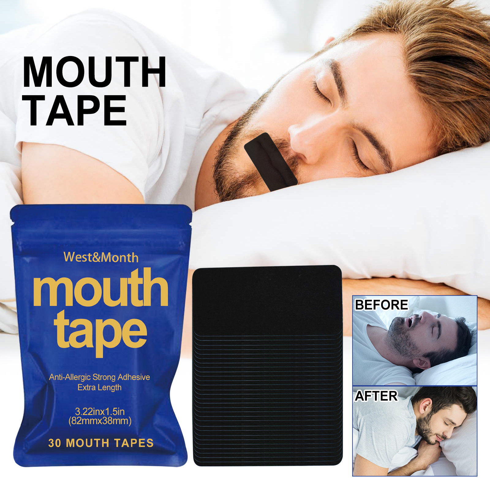 alt="Pack of hypoallergenic mouth tape strips on bedside table to reduce snoring and improve breathing during sleep"