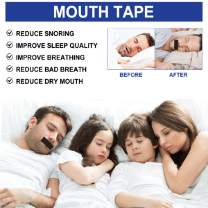 alt="Pack of hypoallergenic mouth tape strips on bedside table to reduce snoring and improve breathing during sleep"