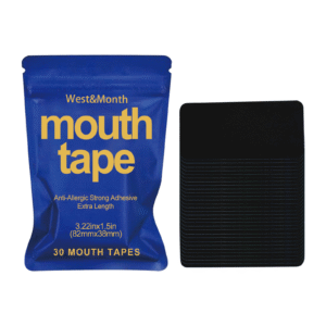 alt="Pack of hypoallergenic mouth tape strips on bedside table to reduce snoring and improve breathing during sleep"