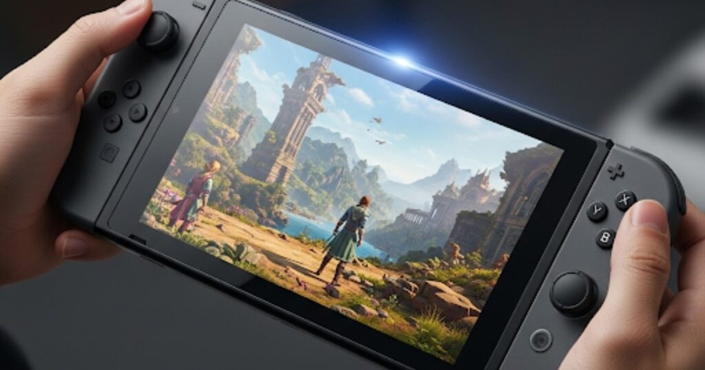 A person holding the new Nintendo Switch 2, showing the larger screen and updated chassis