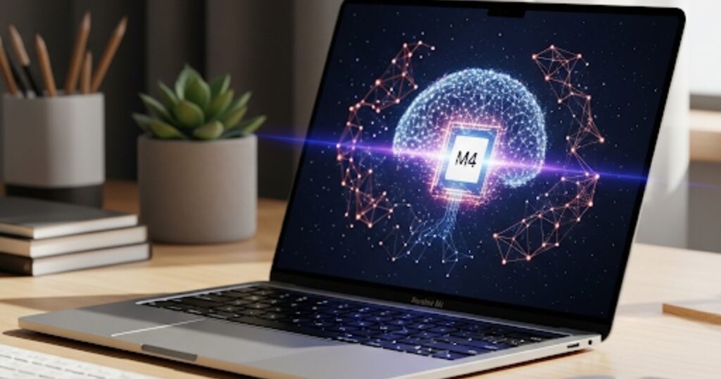 The new Apple MacBook Air M4 chip on a desk, showcasing its slim design and AI-powered screen