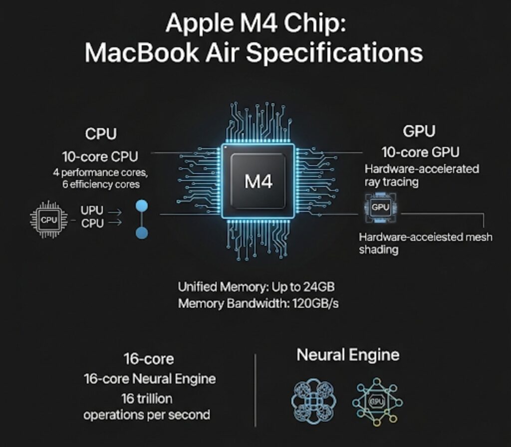 Apple MacBook Air M4 chip review specs, including CPU, GPU, and Neural Engine core counts.