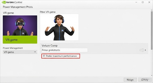 A screenshot of the NVIDIA Control Panel. A VR game is selected and the power management setting is highlighted and set to "Prefer maximum performance.