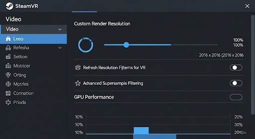A screenshot of the SteamVR settings menu. The video tab is open and the custom render resolution slider is visible.